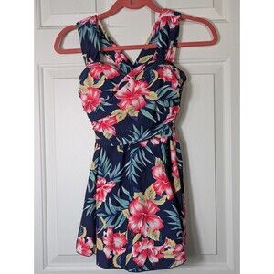 Cocopear One Piece Swimdress Womens Small Navy Red Hawaiian Built-in Bra Shorts